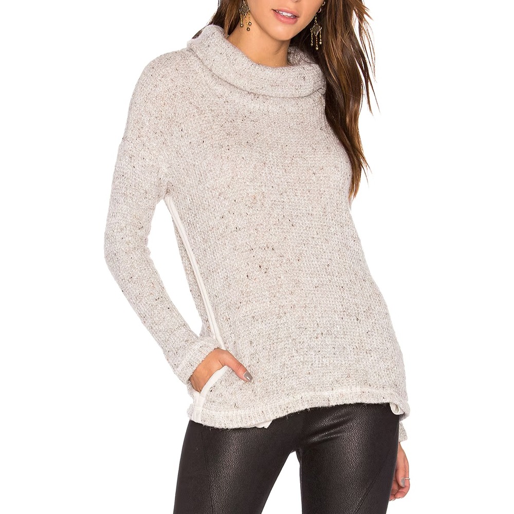 SPLENDID Beige/Gray RIBBED Side Seams w/Pocket TURTLENECK Knit Sweater Sz XS